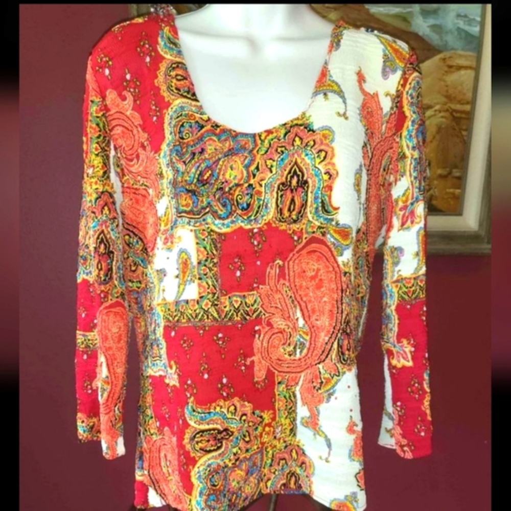 Alberto Makali Red Yellow Multi Crinkle Tie-Hem 3/4 Sleeve Blouse Boho V-Neck M